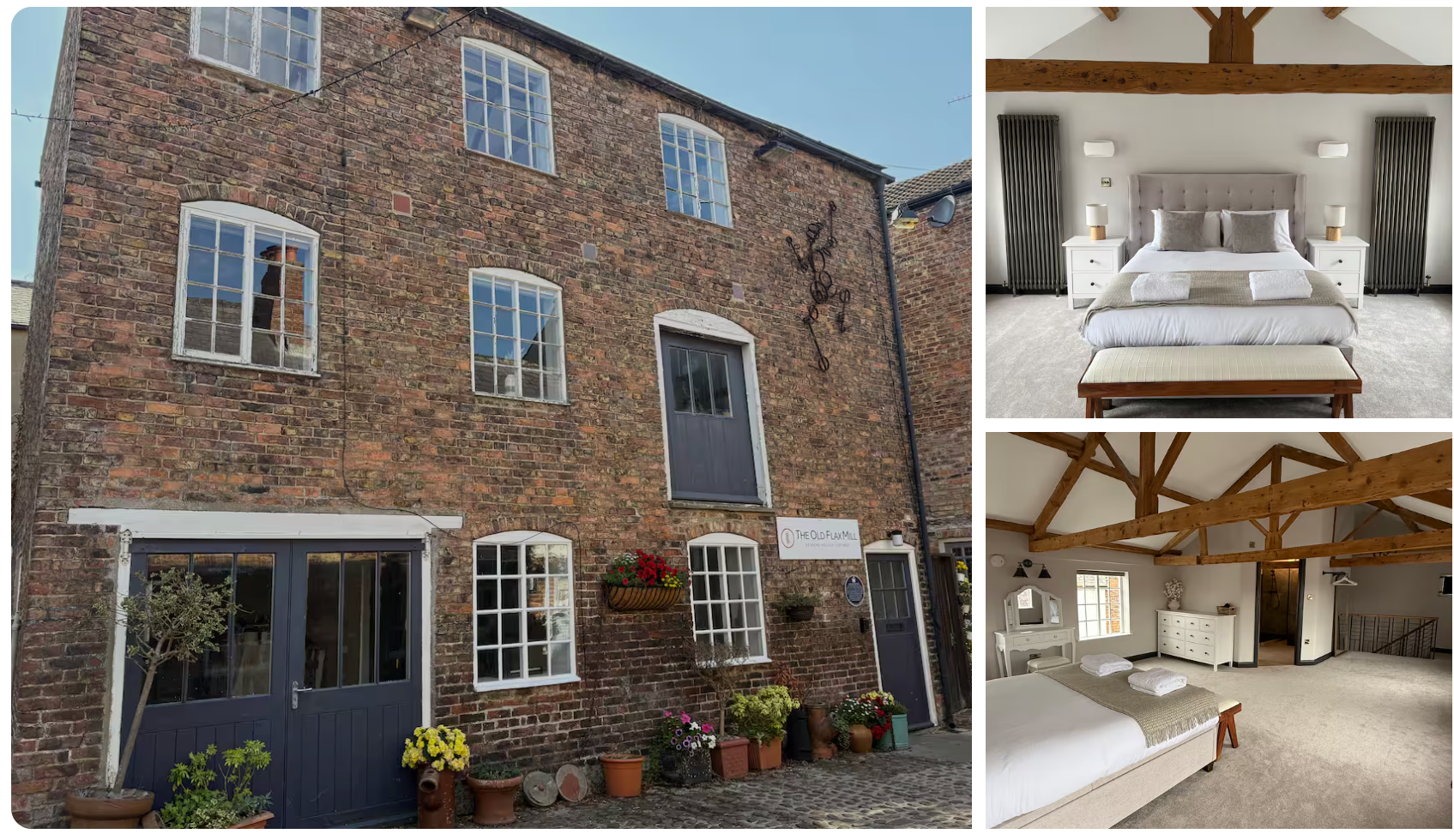 The Old Flax Mill collage showing exterior and bedroom interiors